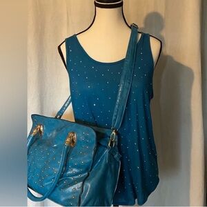 Tote Purse with matching tank top blue with silver studs has handles & a strap